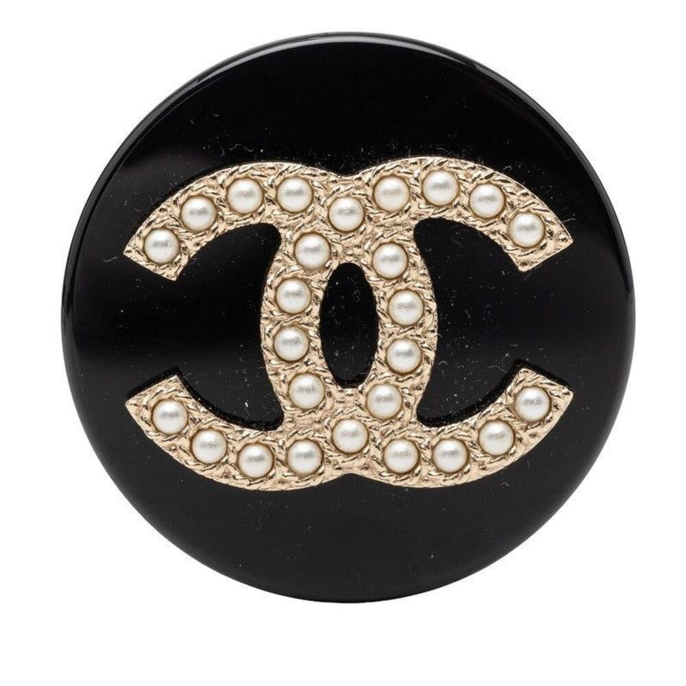 Chanel CC Logo Faux Pearl Brooch Gold Black Plated Plastic